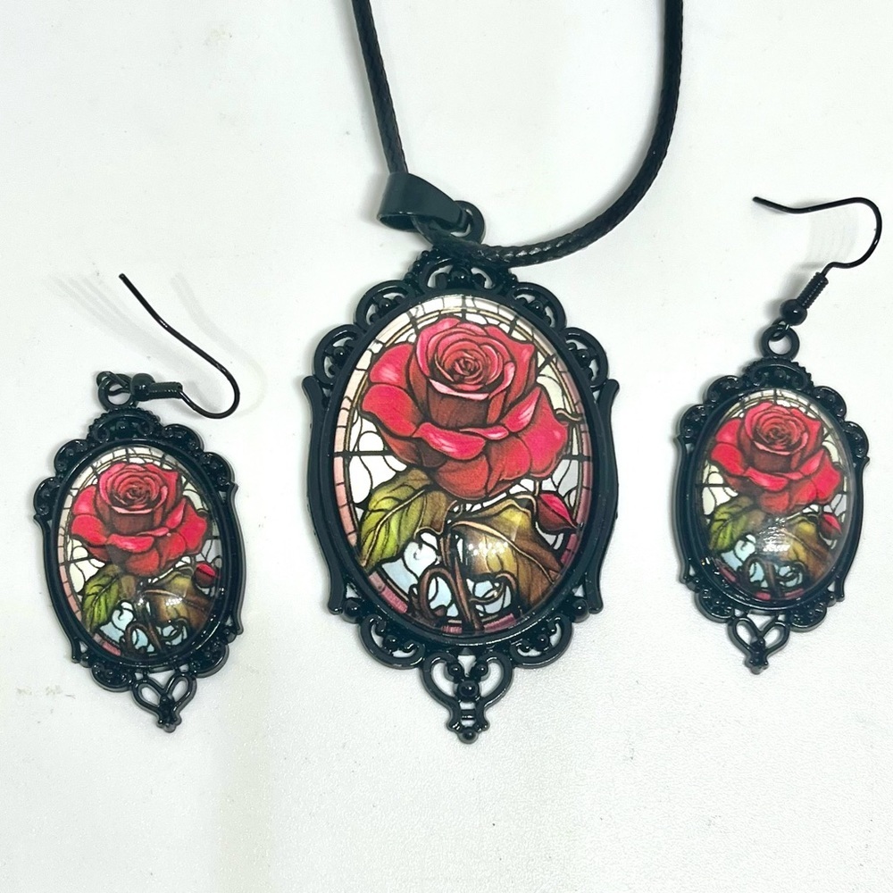 Gothic Rose Cameo Necklace & Earrings